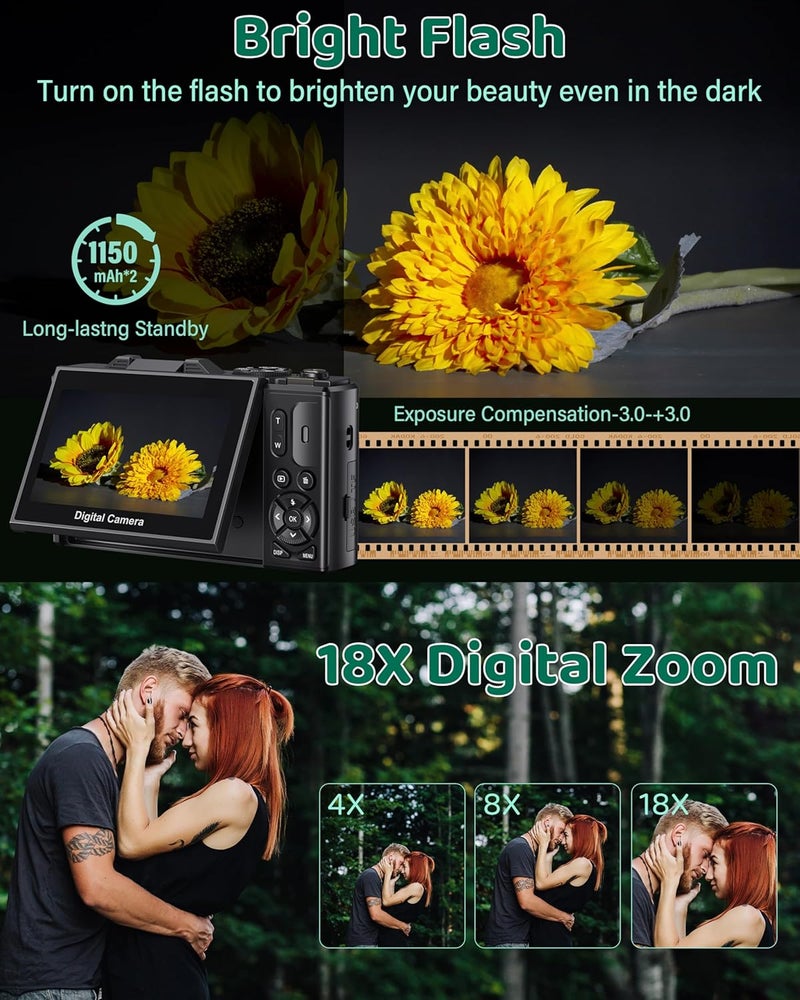 Pedtail 5K Digital Camera - WiFi 75MP Cameras for Photography - UHD Vlogging Camera for YouTube with 3" 180° Flip Screen - Autofocus Compact Video Travel Camara with 18X Zoom, 32GB SD Card, 2 Batteries - Image 4